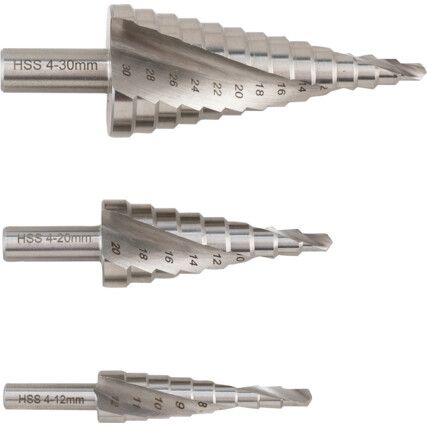 Step Drill Set, 4mm to 30mm, High Speed Steel, Set of 3