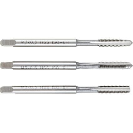 Hand Tap Set , M3 x 0.5mm, Metric Coarse, High Speed Steel, Bright, Set of 3