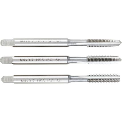 Hand Tap Set , M4 x 0.7mm, Metric Coarse, High Speed Steel, Bright, Set of 3