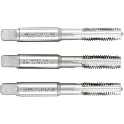 Hand Tap Set , M10 x 1.25mm, Metric Fine, High Speed Steel, Bright, Set of 3