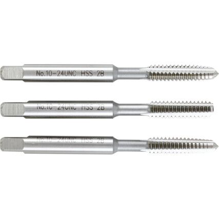 Hand Tap Set , No.10 x 24, UNC, High Speed Steel, Bright, Set of 3