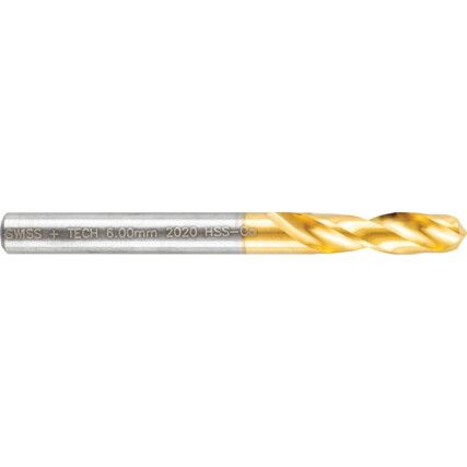 2020, Stub Drill, 6mm, Cobalt High Speed Steel, TiN