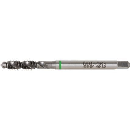 Machine Tap, M2.5 x 0.45mm, Metric Coarse, Spiral Flute, Vanadium High Speed Steel, Nitride, Green