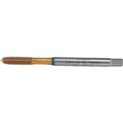 Machine Tap, M3 x 0.50 x 0.5mm, Metric Coarse, Fluteless, Vanadium High Speed Steel, TiN, Green