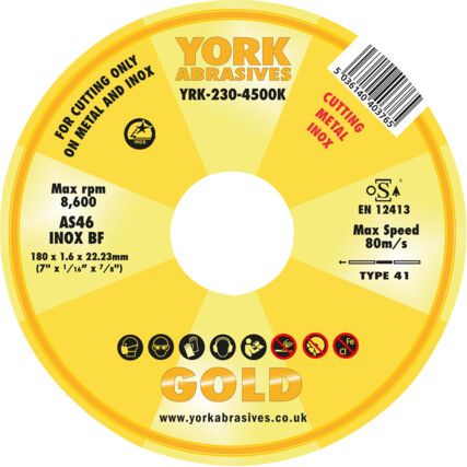 Cutting Disc, 46-Fine/Medium, 180 x 1.6 x 22.23 mm, Type 41, Aluminium Oxide