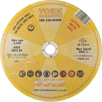 Cutting Disc, 46-Fine/Medium, 230 x 1.8 x 22.23 mm, Type 41, Aluminium Oxide