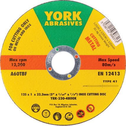 Cutting Disc, 60-Fine, 125 x 1 x 22.23 mm, Type 41, Aluminium Oxide