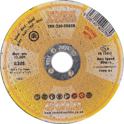 Cutting Disc, 30-Medium/Coarse, 100 x 3 x 16 mm, Type 41, Aluminium Oxide