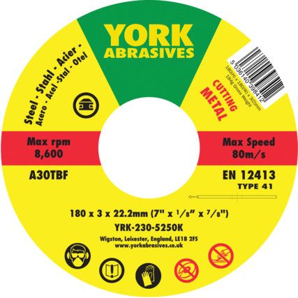 Cutting Disc, 30-Medium/Coarse, 180 x 3 x 22.23 mm, Type 41, Aluminium Oxide