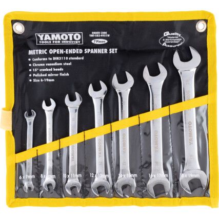 Metric, Open Ended Spanner Set, 6 - 19mm, Set of 7, Chrome Vanadium Steel