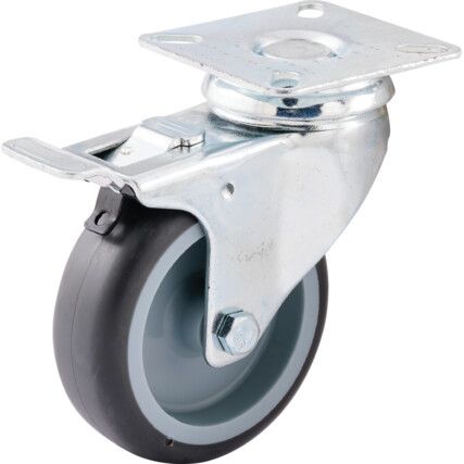 Light Duty, Castor, 75mm, Braked, Swivel, Top Plate, Rubber, Grey