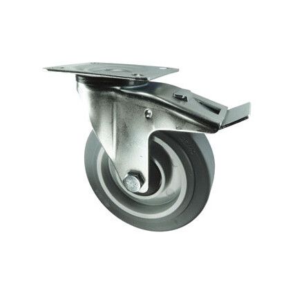 Medium Duty, Castor, 160mm, Braked, Swivel, Top Plate, Rubber, Grey