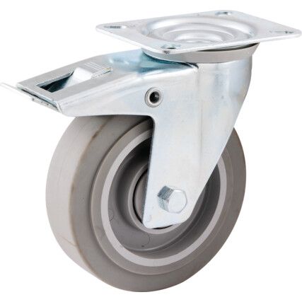 Medium Duty, Castor, 125mm, Braked, Swivel, Top Plate, Rubber, Grey