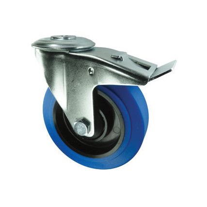 Medium Duty, Castor, 100mm, Braked, Swivel, Top Plate, Rubber, Blue