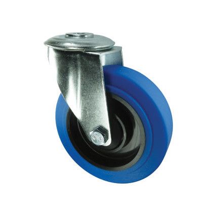 Medium Duty, Castor, 100mm, Unbraked, Swivel, Bolt Hole, Rubber, Blue