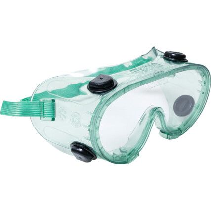 Safety Goggles, Polycarbonate, Clear Lens, Green Frame, Indirect Ventilation, Chemical-resistant/Impact-resistant