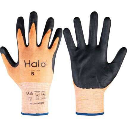 Cut Resistant Gloves, 13 Gauge Cut B, Size 7, Black & Orange, Nitrile Foam Palm, EN388: 2016