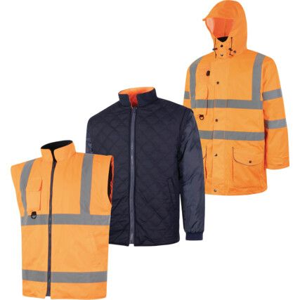 Hi-Vis Reversible Coat, 5-in-1, Waterproof, XL, Orange, Polyester, EN20471